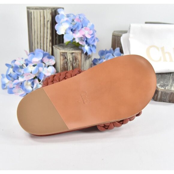 Chloe Terracotta Brown Leather Kacey Woven Flat Mules Slides Sz 37 NIB - Picture 5 of 11